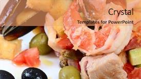  Presentation with tuna - Audience pleasing PPT theme consisting of salad with seafood with a squid a tuna fillet meat of mussels backdrop and a coral colored foreground