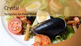  Presentation with tuna - Beautiful slide deck featuring salad with seafood with a squid a tuna fillet meat of mussels backdrop and a yellow colored foreground