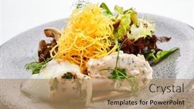  Presentation with oriental food - Audience pleasing PPT theme consisting of salad-with-squid-and-fried backdrop and a coral colored foreground