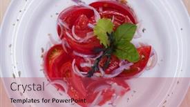  Presentation with appetizer - Audience pleasing slide deck consisting of salad with tomato and onion appetizer backdrop and a red colored foreground