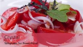  Presentation with appetizer - Amazing PPT theme having salad with tomato and onion appetizer backdrop and a red colored foreground