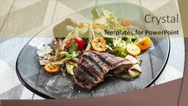  Presentation with main course - Colorful presentation design enhanced with salad-with-veal-and-kumquat backdrop and a yellow colored foreground