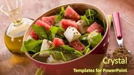  Presentation with melon - Slides with salad with water-melon arugula feta cheese and fennel seed background and a tawny brown colored foreground