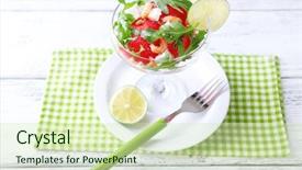  Presentation with shrimps - Slides with salad with watermelon feta arugula shrimps balsamic sauce in cocktail glass on wooden background background and a soft green colored foreground