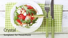  Presentation with shrimps - Slides featuring salad with watermelon feta arugula shrimps balsamic sauce in cocktail glass on wooden background background and a soft green colored foreground