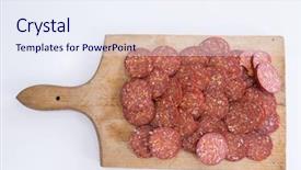  Presentation with sliced fresh papaya on wooden - Slides consisting of salami on a wooden chopper background and a sky blue colored foreground