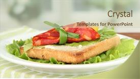  Presentation with cheese - PPT layouts with salami rolls with paprika pieces inside on roasted bread with cheese cream on bright background background and a soft green colored foreground