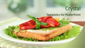  Presentation with cheese - Amazing slide set having salami rolls with paprika pieces inside on roasted bread with cheese cream on bright background backdrop and a mint green colored foreground