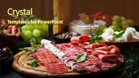  Presentation with appetizers - Presentation with salami salad - antipasto and catering platter background and a tawny brown colored foreground