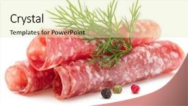  Presentation with fresh fruits salad on white - Slides with salami sausage slices isolated background and a soft green colored foreground