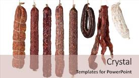  Presentation with fresh fruits salad on white - Cool new PPT theme with salami sausages isolated on white backdrop and a coral colored foreground