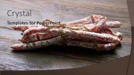  Presentation with sausages - Presentation featuring salami-sausages-on-a-wooden background and a mint green colored foreground