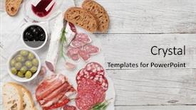  Presentation with empty of wood table top - Amazing presentation having salami sliced ham sausage prosciutto backdrop and a light gray colored foreground