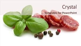  Presentation with leaves - Slides consisting of salami smoked sausage slices basil background and a lemonade colored foreground