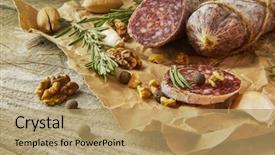  Presentation with close up garlic bulbs - Presentation theme consisting of salami wih sea salt rosemary background and a coral colored foreground