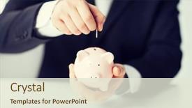  Presentation with piggy bank - Colorful slide set enhanced with salary - picture of man putting coin backdrop and a sky blue colored foreground