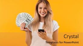  Presentation with mobile money - Amazing slide set having salary - portrait of a happy young backdrop and a gold colored foreground