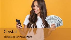  Presentation with mobile money - Amazing theme having salary - portrait of a happy young backdrop and a gold colored foreground