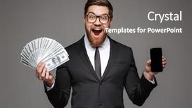  Presentation with mobile money - PPT theme consisting of salary - portrait of an excited young background and a gray colored foreground