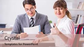  Presentation with office - Colorful slide set enhanced with salary negotiation - man and woman discussing backdrop and a coral colored foreground