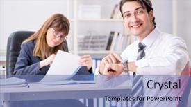  Presentation with man and woman - Beautiful PPT layouts featuring salary negotiation - man and woman discussing backdrop and a teal colored foreground