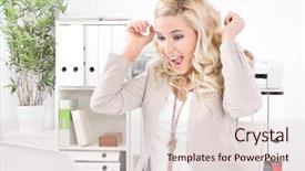  Presentation with woman and drugs - Slide set featuring salary raise - blond caucasian woman is surprised background and a  colored foreground