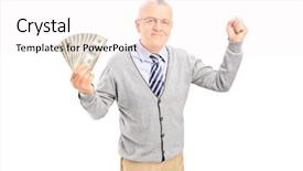  Presentation with cash - Colorful presentation theme enhanced with salary raise - overjoyed senior holding cash backdrop and a sky blue colored foreground