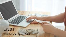  Presentation with counting - PPT theme with salary tax - young man using laptop while background and a coral colored foreground