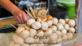  Presentation with asian food - Cool new slides with sale - seller hand with meatball backdrop and a coral colored foreground