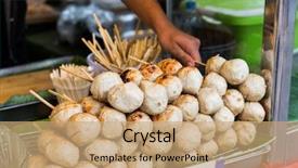  Presentation with asian food - Theme with sale - seller hand with meatball background and a coral colored foreground