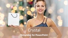  Presentation with christmas sale - PPT theme enhanced with sale advertisement holydays and people concept - smiling woman with white blank shopping bag over christmas tree and lights background background and a coral colored foreground