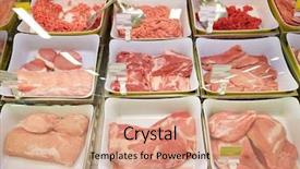  Presentation with meat food - Presentation theme featuring sale and food concept - meat in bowls at grocery stall background and a coral colored foreground