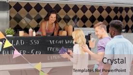  Presentation with people street - Amazing PPT theme having sale and people concept - queue backdrop and a coral colored foreground