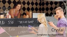  Presentation with people street - Colorful slide set enhanced with sale and people concept - queue backdrop and a coral colored foreground