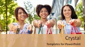  Presentation with consumerism - Colorful presentation theme enhanced with sale consumerism and people concept backdrop and a coral colored foreground