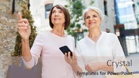  Presentation with consumerism - Cool new slide deck with sale consumerism and people concept - two senior women or friends with shopping bags and smartphone on tallinn city street backdrop and a coral colored foreground