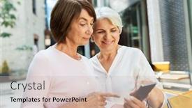  Presentation with consumerism - Amazing PPT layouts having sale consumerism and people concept - two senior women or friends with shopping bags and smartphone on tallinn city street backdrop and a soft green colored foreground