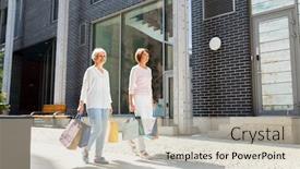  Presentation with city people walking - Audience pleasing slide set consisting of sale consumerism and people concept - two senior women or friends with shopping bags walking along tallinn city street backdrop and a soft green colored foreground