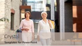  Presentation with city people walking - Slide deck consisting of sale consumerism and people concept - two senior women or friends with shopping bags walking along tallinn city street background and a soft green colored foreground