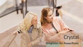  Presentation with people mall - Amazing presentation design having sale consumerism and people concept - happy young women with shopping bags on escalator in mall backdrop and a coral colored foreground