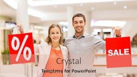  Presentation with people mall - Slides consisting of sale consumerism and people concept - happy young couple with red shopping bags in mall background and a coral colored foreground