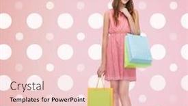  Presentation with consumerism - Slides with sale consumerism and people concept - happy young woman with shopping bags over pink and white polka dots pattern background background and a lemonade colored foreground