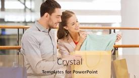  Presentation with people mall - Theme featuring sale consumerism and people concept - happy young couple showing content of shopping bags in mall background and a coral colored foreground