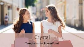  Presentation with city people walking - Beautiful presentation theme featuring sale consumerism and people concept - happy young women with shopping bags walking along city street backdrop and a coral colored foreground