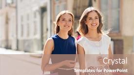  Presentation with city people walking - PPT theme featuring sale consumerism and people concept - happy young women with shopping bags walking along city street background and a coral colored foreground