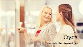  Presentation with people mall - Presentation having sale consumerism and people concept - happy young women with shopping bags pointing finger in mall background and a lemonade colored foreground