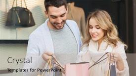  Presentation with consumerism - Audience pleasing PPT layouts consisting of sale consumerism and people concept - happy couple looking into shopping bag at shop window in city backdrop and a mint green colored foreground
