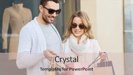  Presentation with consumerism - Slide deck having sale consumerism and people concept - happy couple looking into shopping bag at shop window on city street background and a lemonade colored foreground