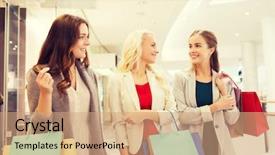 Presentation with people mall - Beautiful slide set featuring sale consumerism and people concept - happy young women with shopping bags talking in mall backdrop and a coral colored foreground
