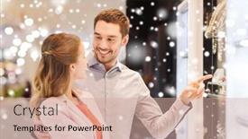  Presentation with people mall - Presentation design enhanced with sale consumerism and people concept - happy couple pointing finger to shopping window at jewelry store in mall with snow effect background and a coral colored foreground